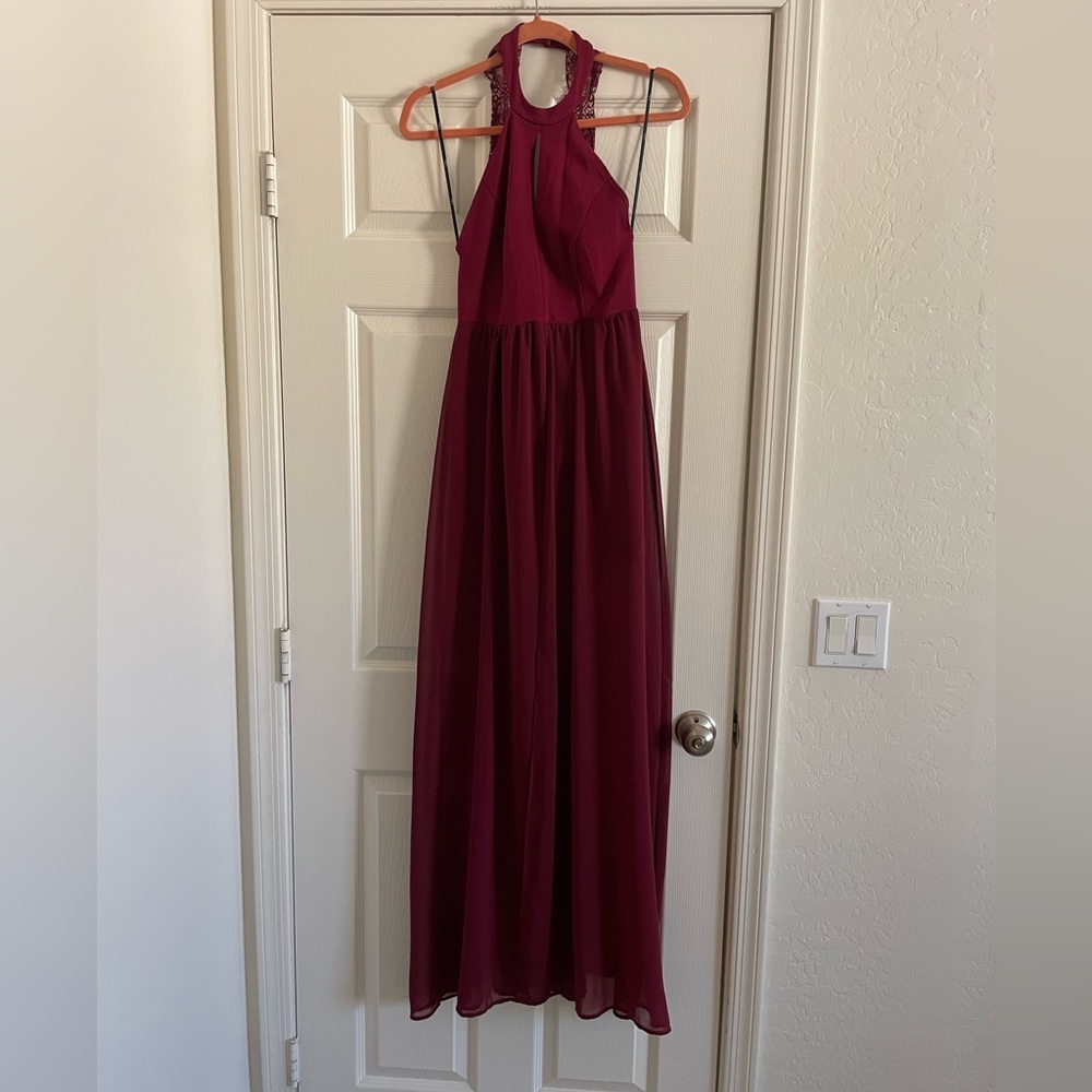 Maroon Lulu’s maxi dress with mesh skirt and lace open back